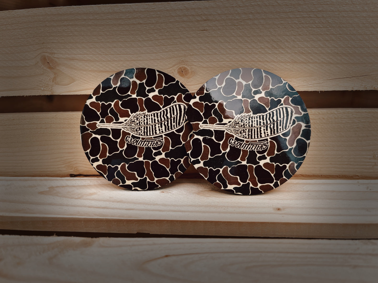 Old School Camo Wood Duck Feather Car Coaster Set